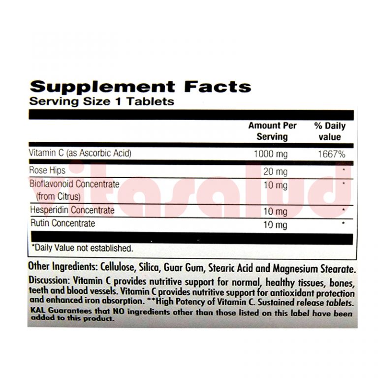 KAL VITAMINA C 1000 MG CON BIOFLAVONOIDES 100 TABLETAS Vitasalud
